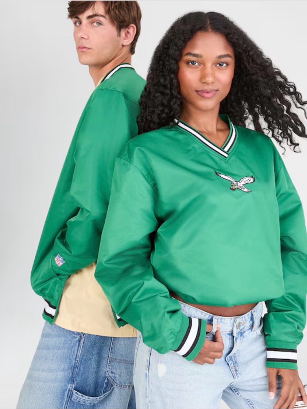 NFL Kelly Green Satin Varsity Pullover Jacket with Striped Trim